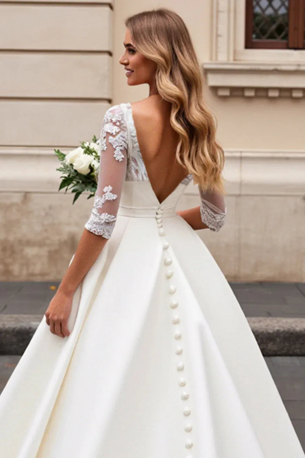 V-Neck Lace & Satin Ball Gown Wedding Dress with Illusion Sleeves