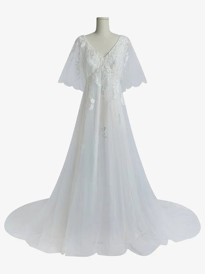 V-Neck Lace & Tulle A-Line Wedding Dress with Flutter Sleeves & Illusion Back - Romantic Bridal Gown