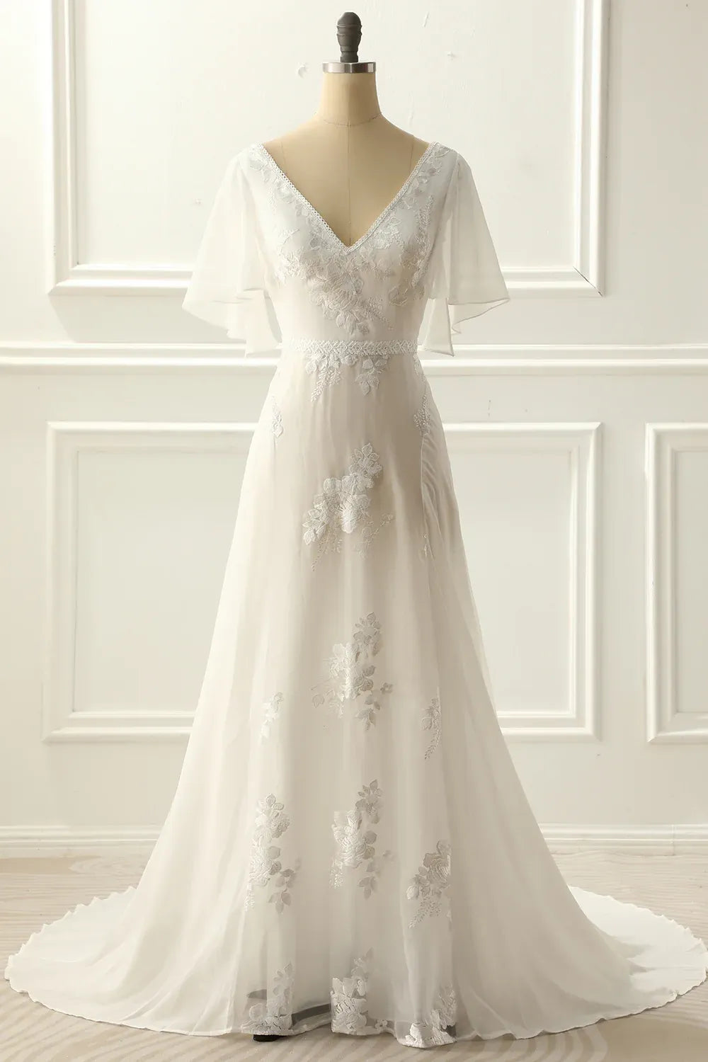 V-Neck Lace & Tulle A-Line Wedding Dress with Flutter Sleeves & Illusion Back - Romantic Bridal Gown