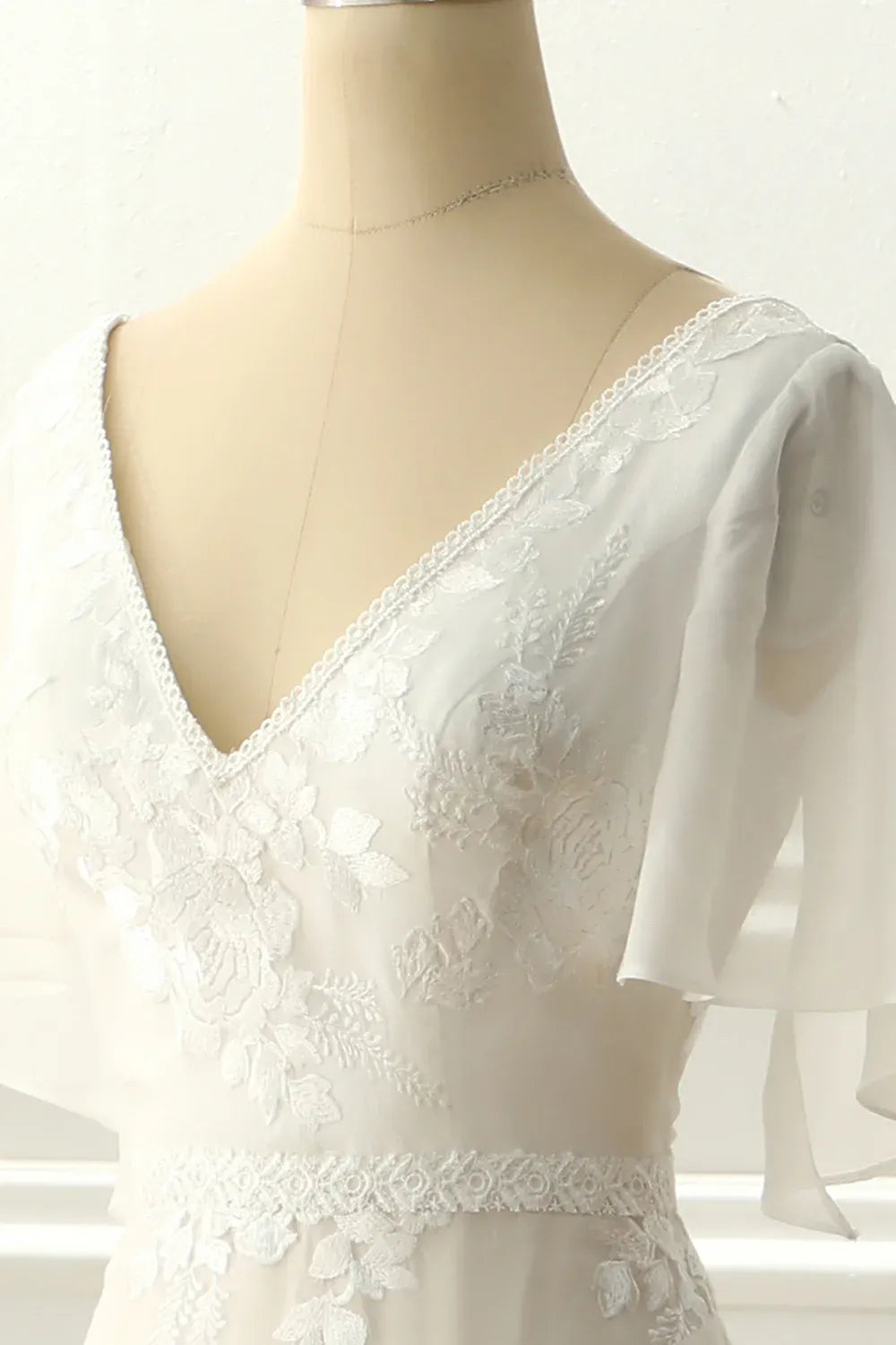 V-Neck Lace & Tulle A-Line Wedding Dress with Flutter Sleeves & Illusion Back - Romantic Bridal Gown