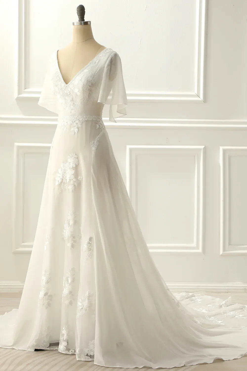 V-Neck Lace & Tulle A-Line Wedding Dress with Flutter Sleeves & Illusion Back - Romantic Bridal Gown
