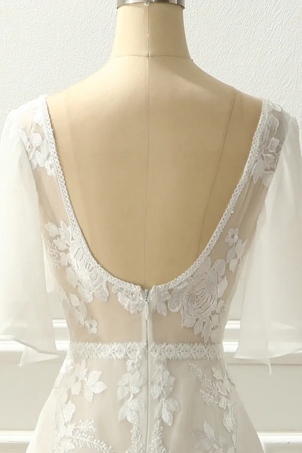 V-Neck Lace & Tulle A-Line Wedding Dress with Flutter Sleeves & Illusion Back - Romantic Bridal Gown