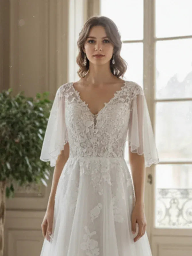 V-Neck Lace & Tulle A-Line Wedding Dress with Flutter Sleeves & Illusion Back - Romantic Bridal Gown