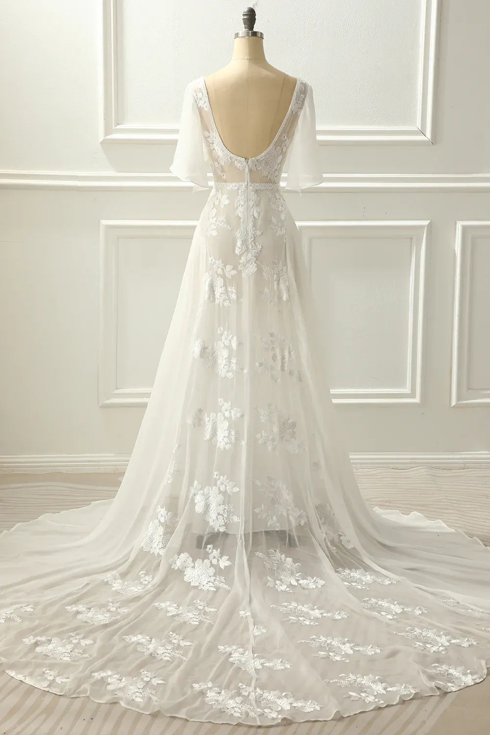 V-Neck Lace & Tulle A-Line Wedding Dress with Flutter Sleeves & Illusion Back - Romantic Bridal Gown