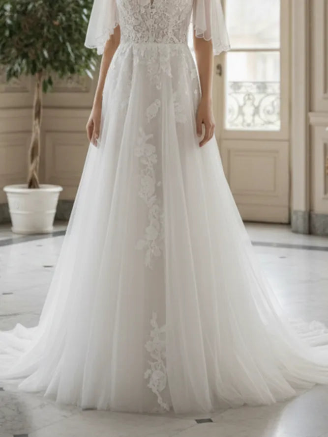 V-Neck Lace & Tulle A-Line Wedding Dress with Flutter Sleeves & Illusion Back - Romantic Bridal Gown