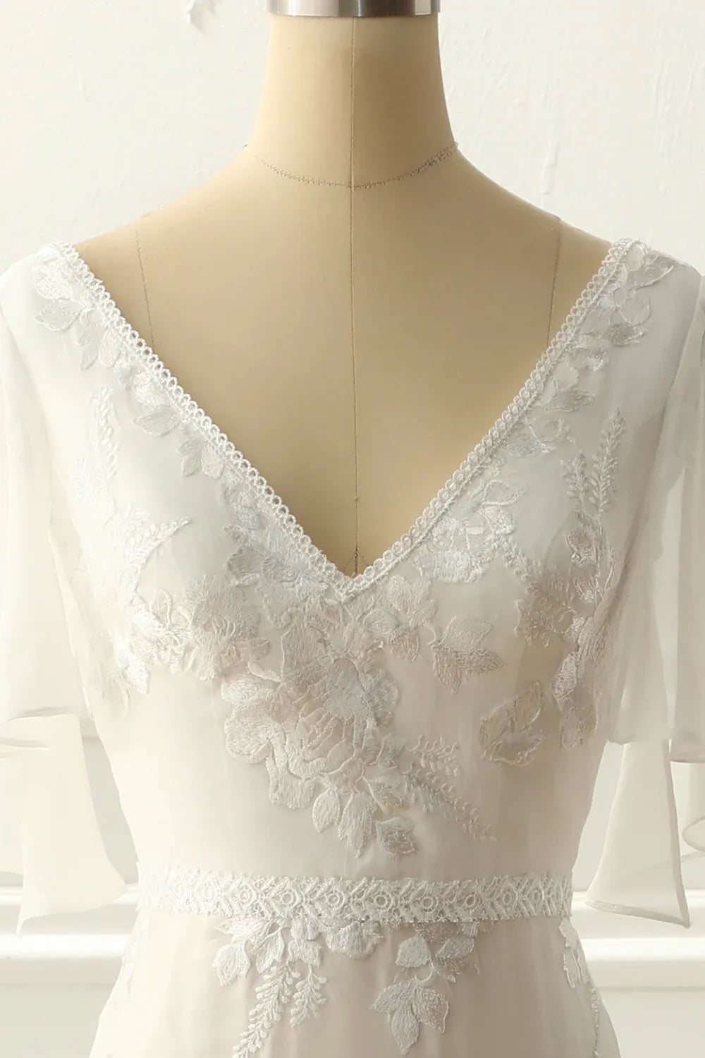 V-Neck Lace & Tulle A-Line Wedding Dress with Flutter Sleeves & Illusion Back - Romantic Bridal Gown