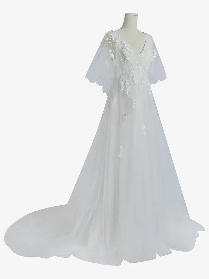 V-Neck Lace & Tulle A-Line Wedding Dress with Flutter Sleeves & Illusion Back - Romantic Bridal Gown