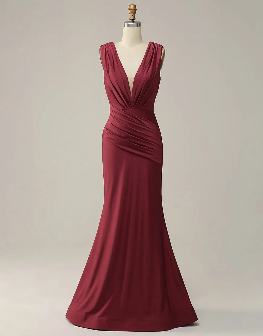 Mermaid V-Neck Long Glitter Prom Dress With Pleating