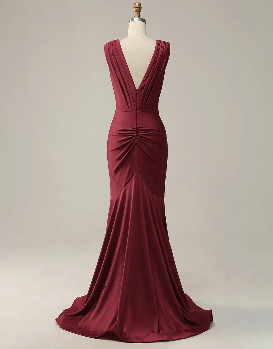 Mermaid V-Neck Long Glitter Prom Dress With Pleating