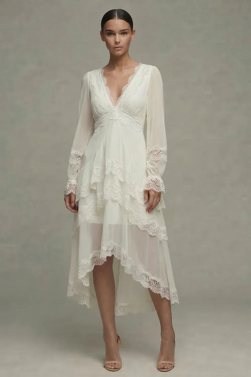 V-Neck Long Sleeve Lace Tiered High-Low Wedding Dress