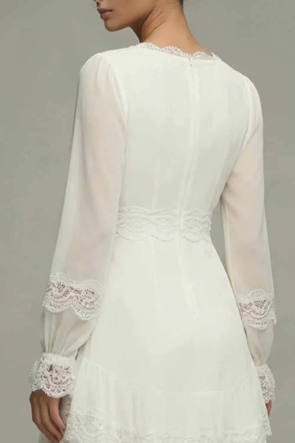 V-Neck Long Sleeve Lace Tiered High-Low Wedding Dress