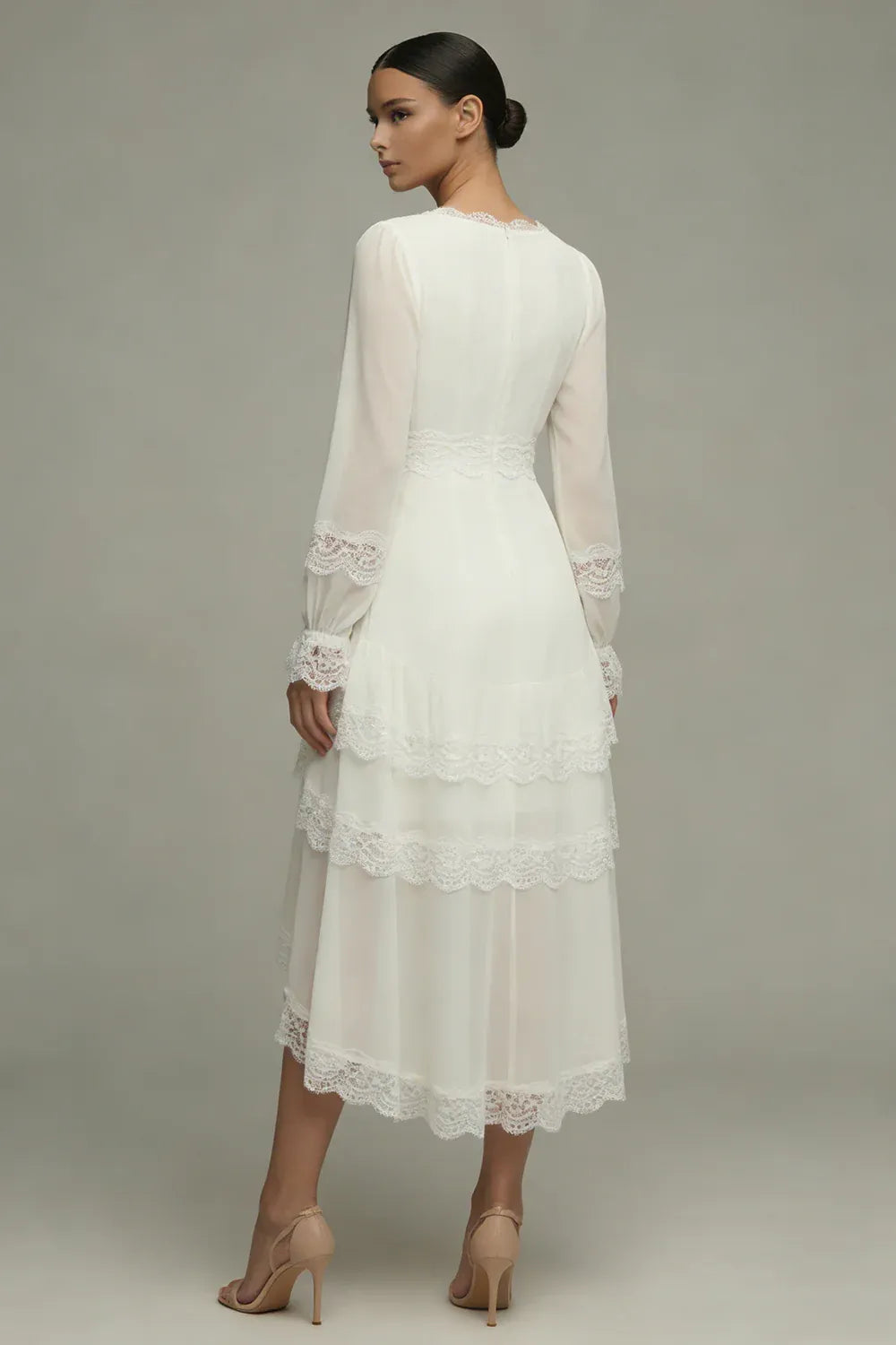 V-Neck Long Sleeve Lace Tiered High-Low Wedding Dress