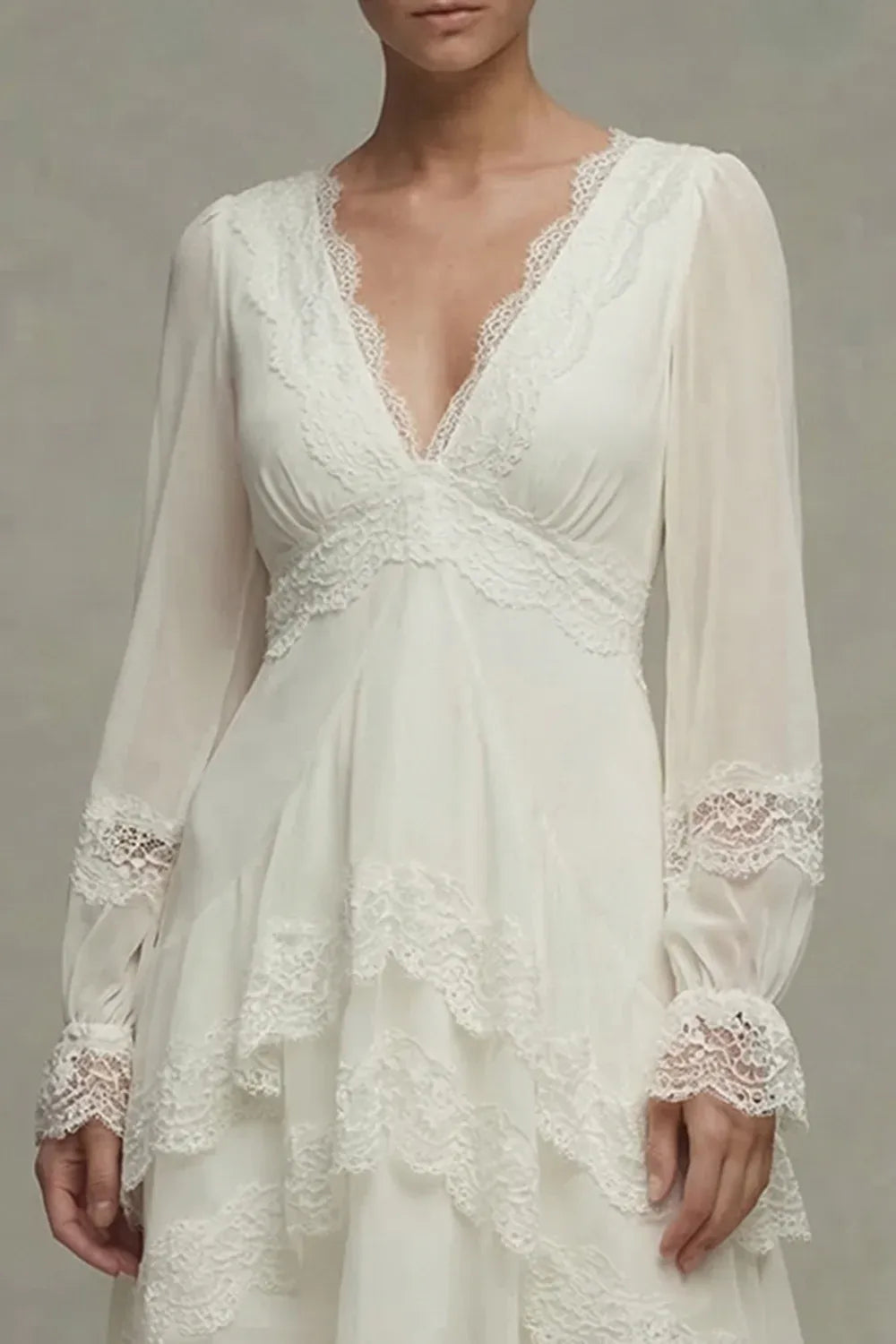 V-Neck Long Sleeve Lace Tiered High-Low Wedding Dress