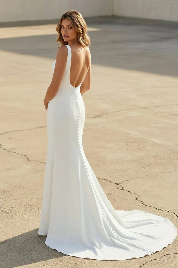 V-Neck Low Back Crepe Mermaid Wedding Dress with Buttons
