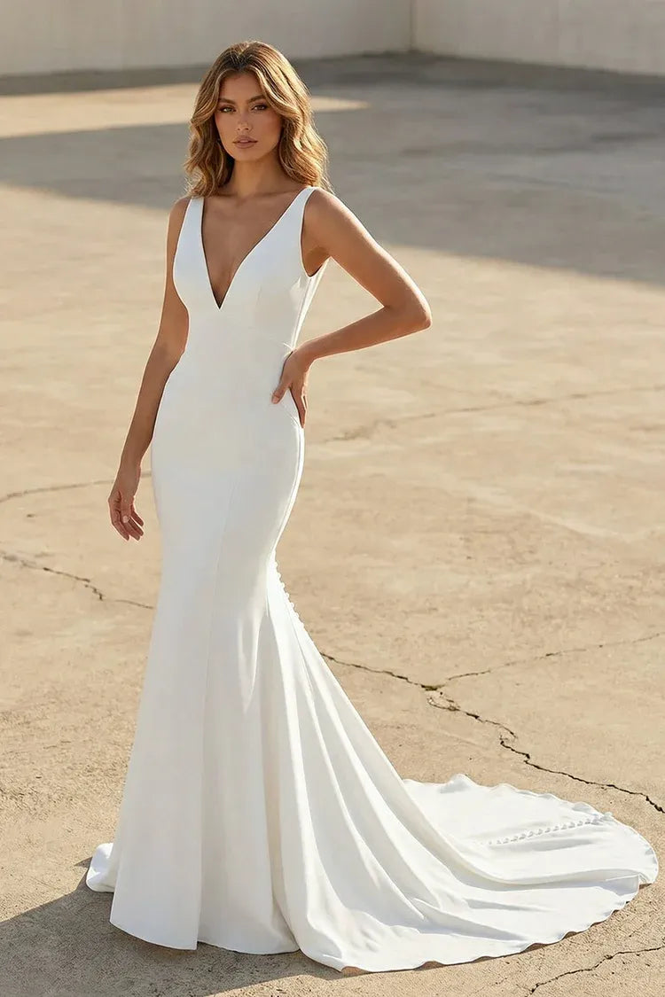 V-Neck Low Back Crepe Mermaid Wedding Dress with Buttons