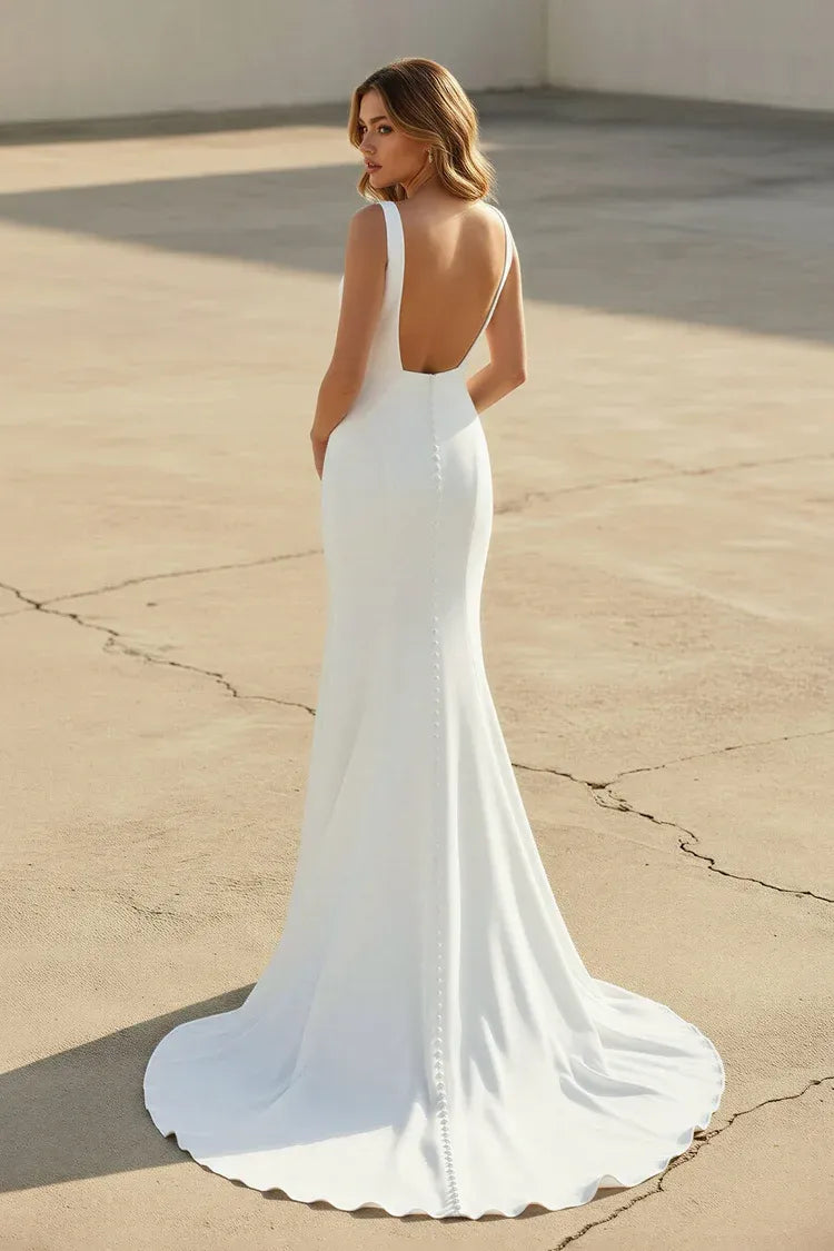V-Neck Low Back Crepe Mermaid Wedding Dress with Buttons