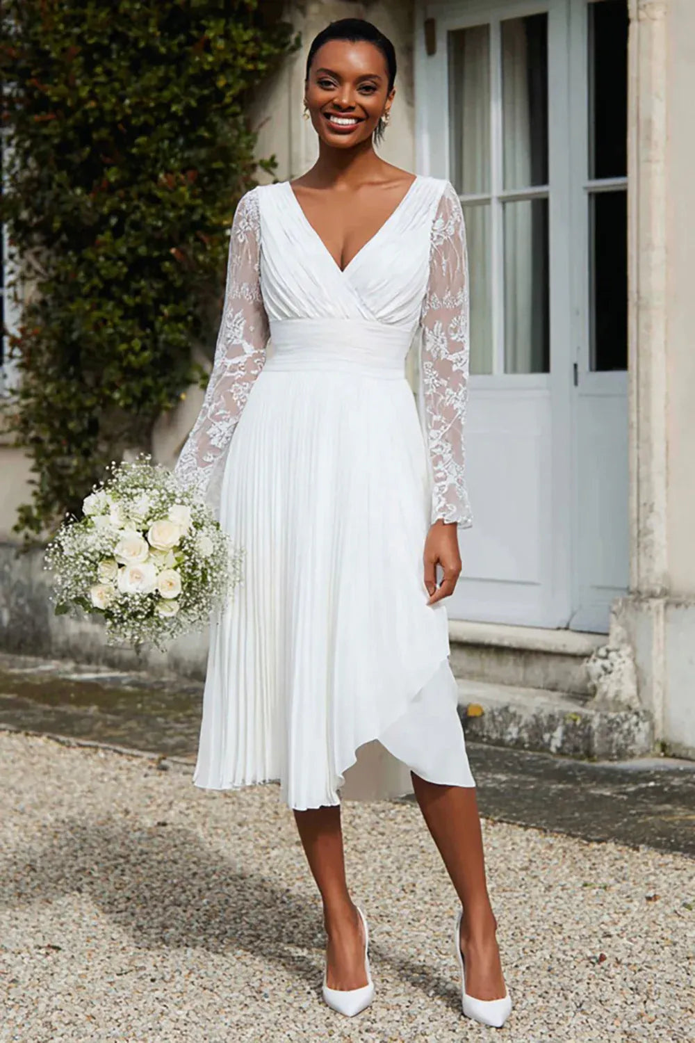 V-Neck Pleated Chiffon Midi Wedding Dress with Lace Sleeves & Asymmetrical Hem V