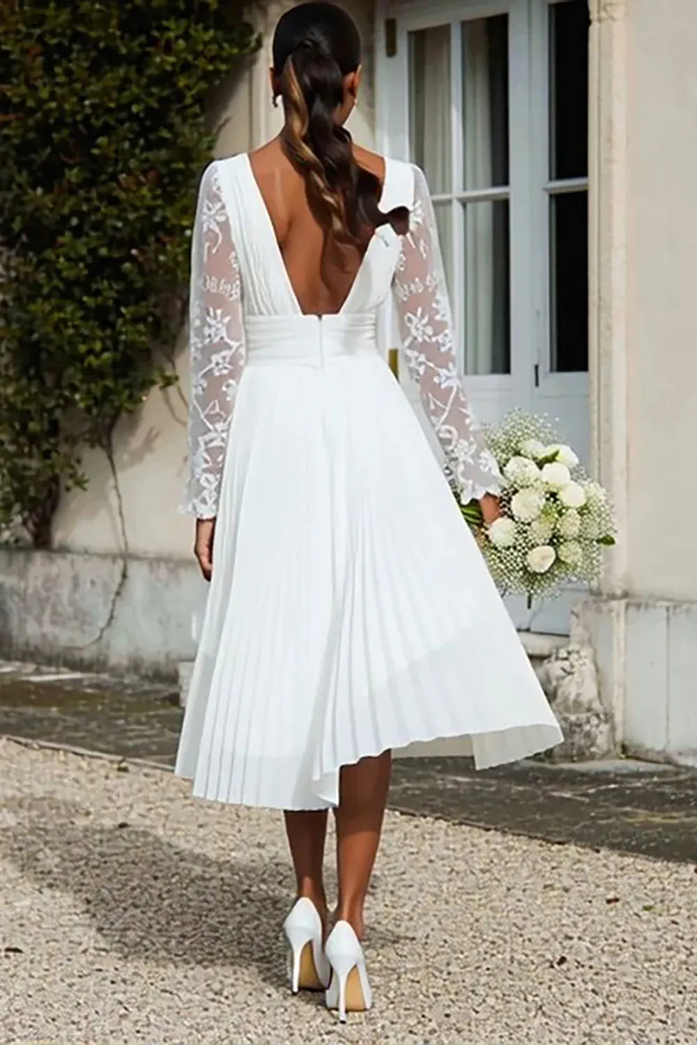 V-Neck Pleated Chiffon Midi Wedding Dress with Lace Sleeves & Asymmetrical Hem V