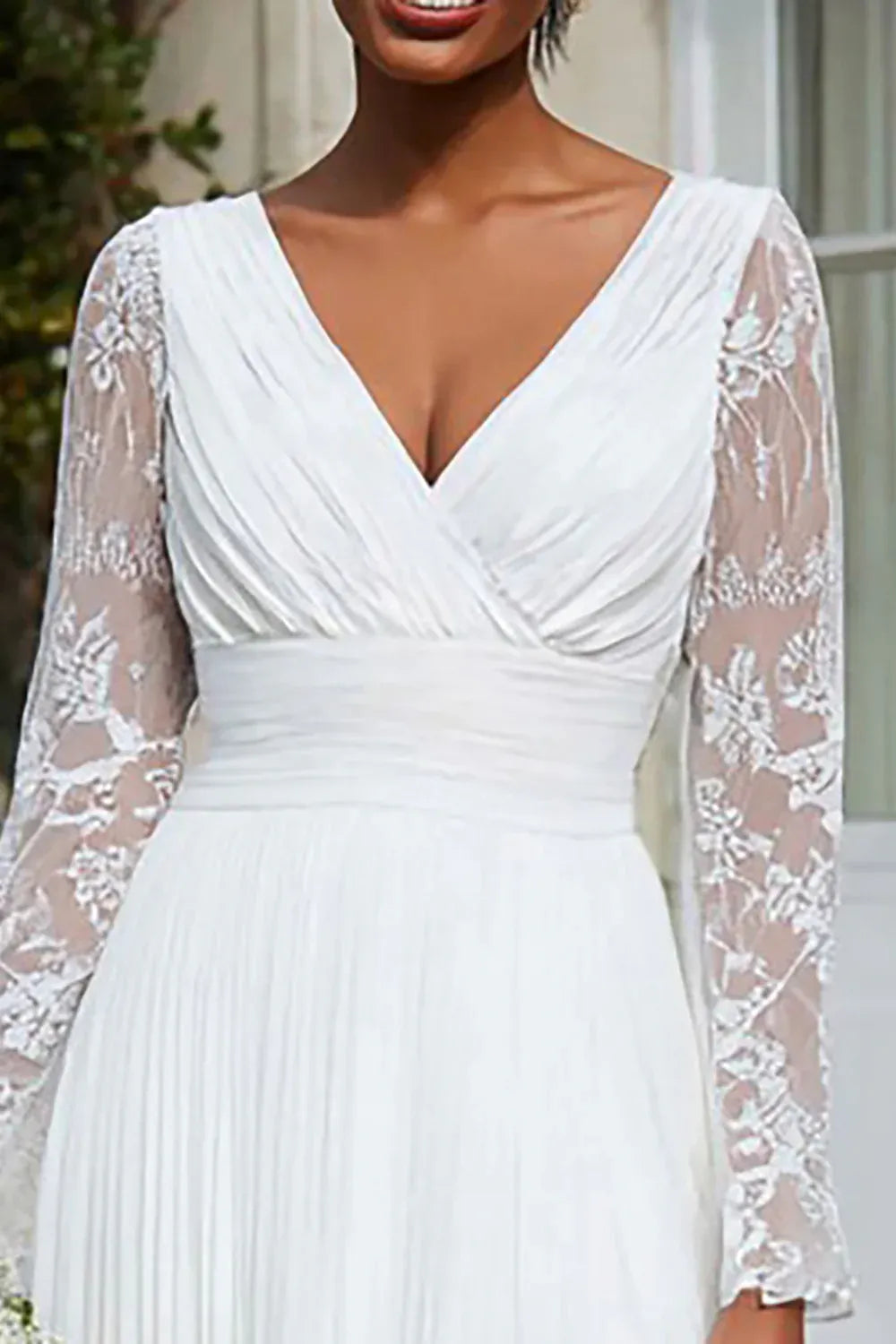 V-Neck Pleated Chiffon Midi Wedding Dress with Lace Sleeves & Asymmetrical Hem V