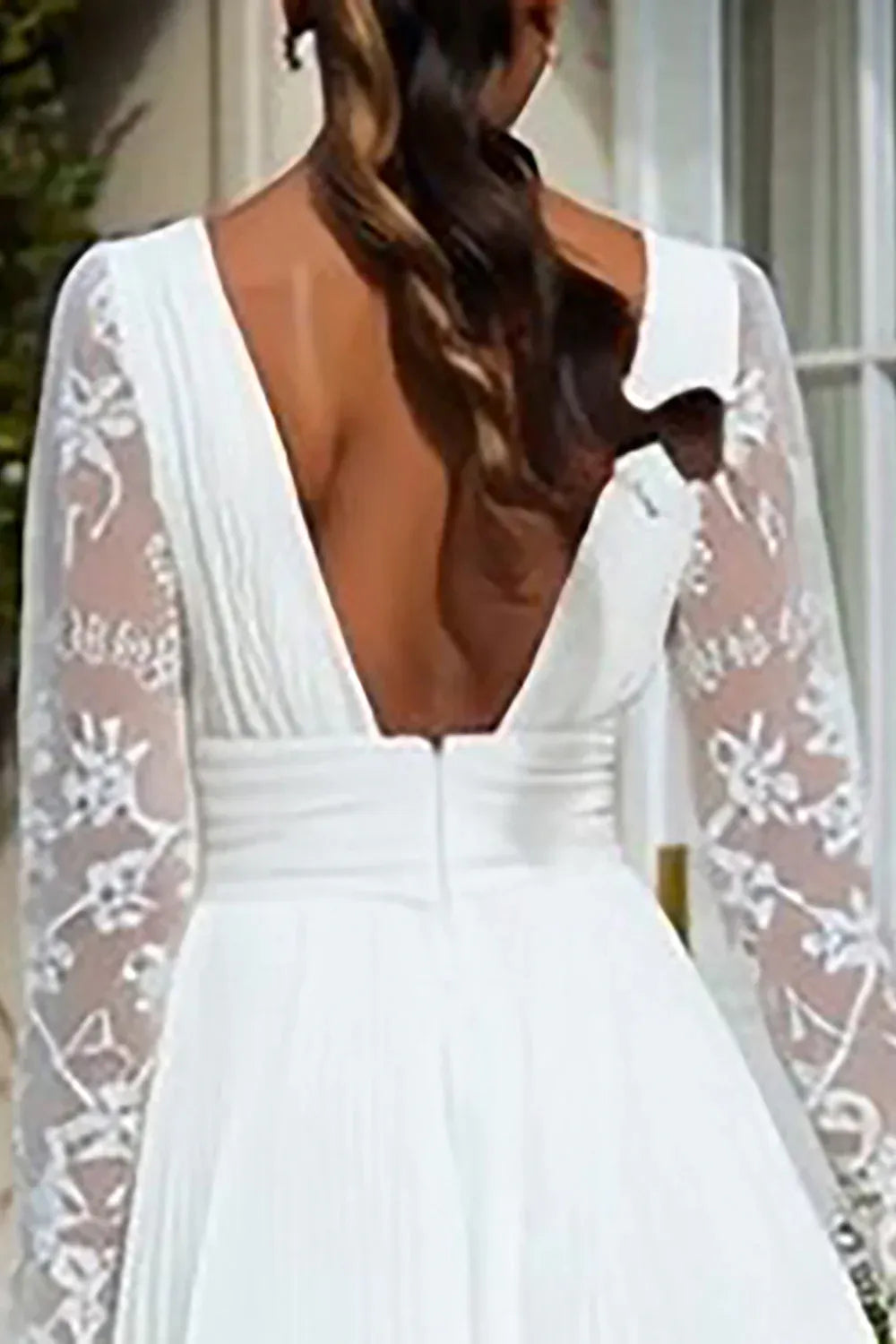 V-Neck Pleated Chiffon Midi Wedding Dress with Lace Sleeves & Asymmetrical Hem V