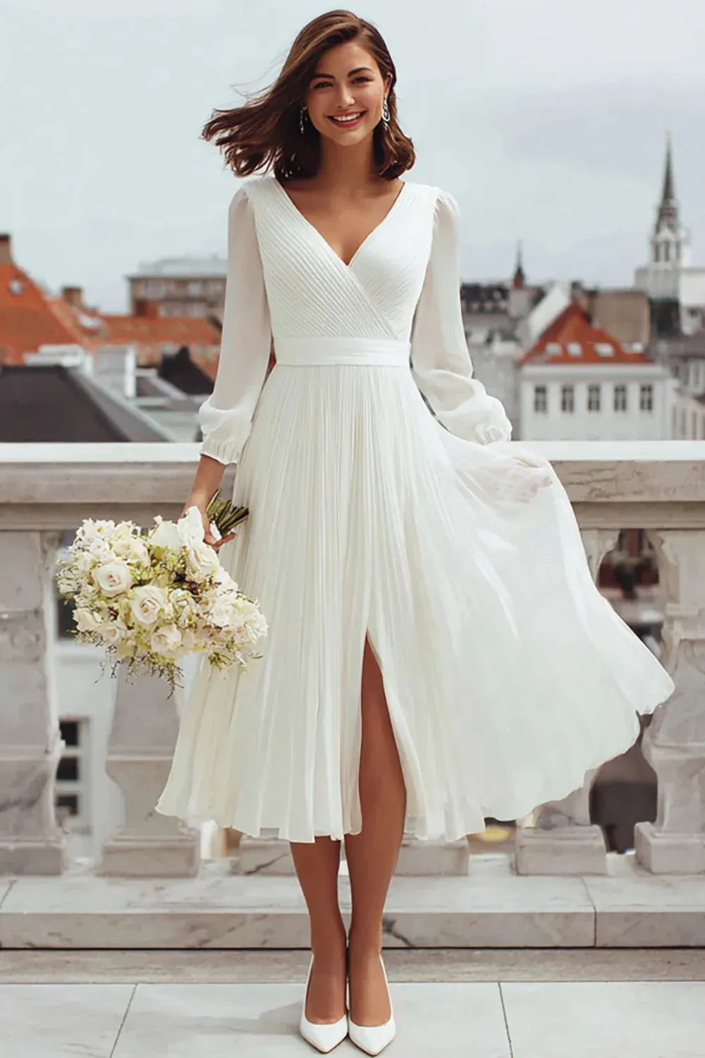 V-Neck Pleated Chiffon Midi Wedding Dress with Long Puff Sleeves & Slit
