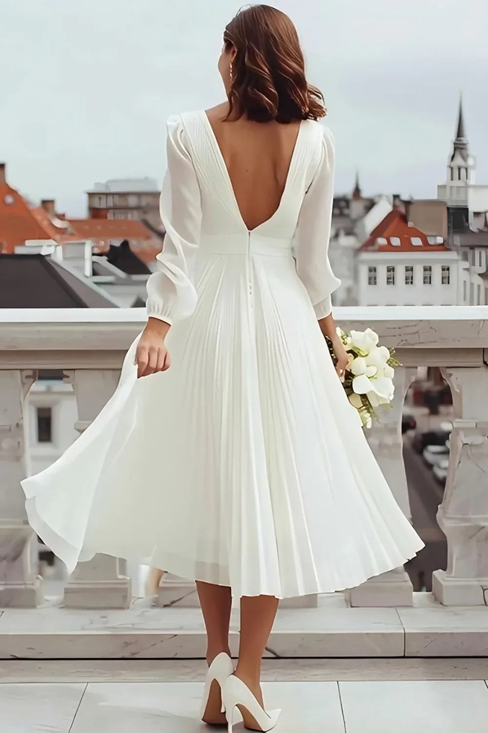V-Neck Pleated Chiffon Midi Wedding Dress with Long Puff Sleeves & Slit