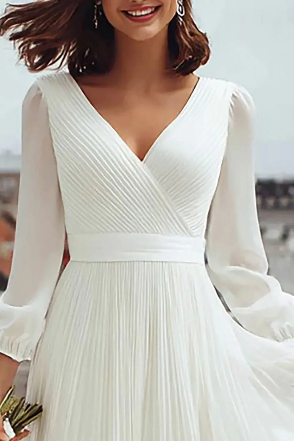 V-Neck Pleated Chiffon Midi Wedding Dress with Long Puff Sleeves & Slit
