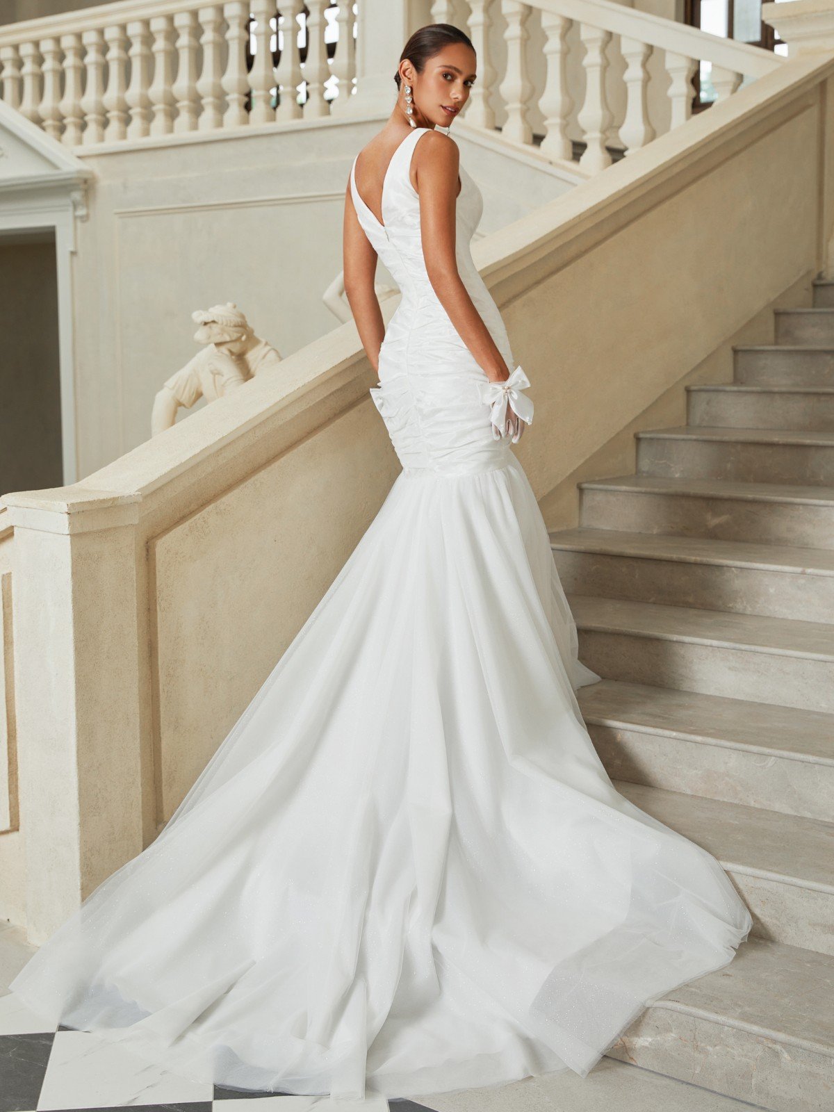 V-Neck Ruched Mermaid Wedding Dress with Tulle Train & Hidden Pockets - Modern Bridal Gown