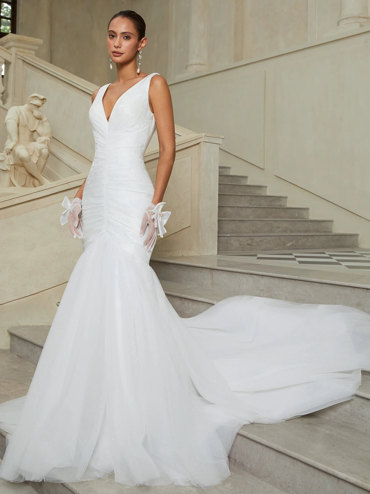 V-Neck Ruched Mermaid Wedding Dress with Tulle Train & Hidden Pockets - Modern Bridal Gown