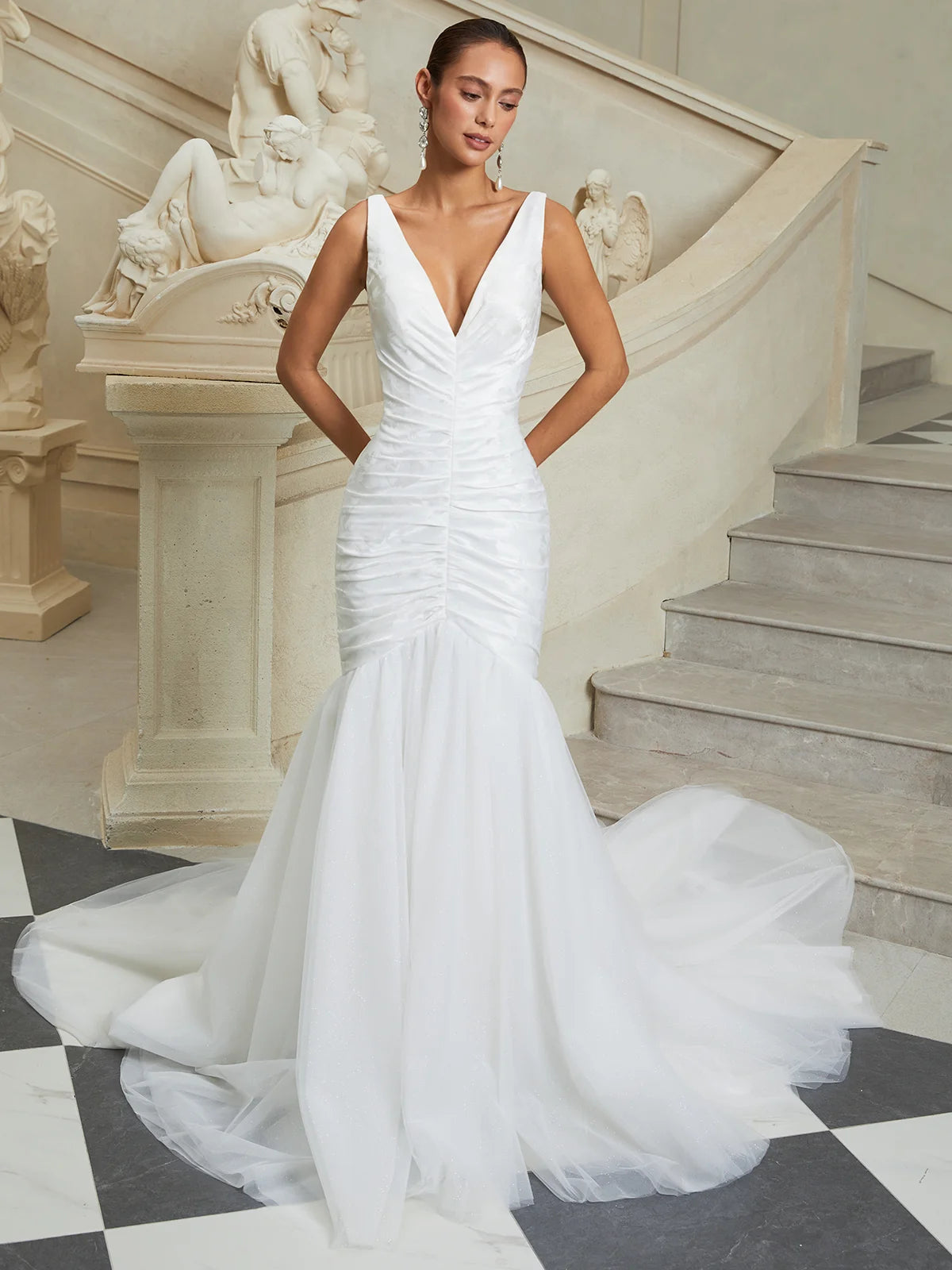 V-Neck Ruched Mermaid Wedding Dress with Tulle Train & Hidden Pockets - Modern Bridal Gown
