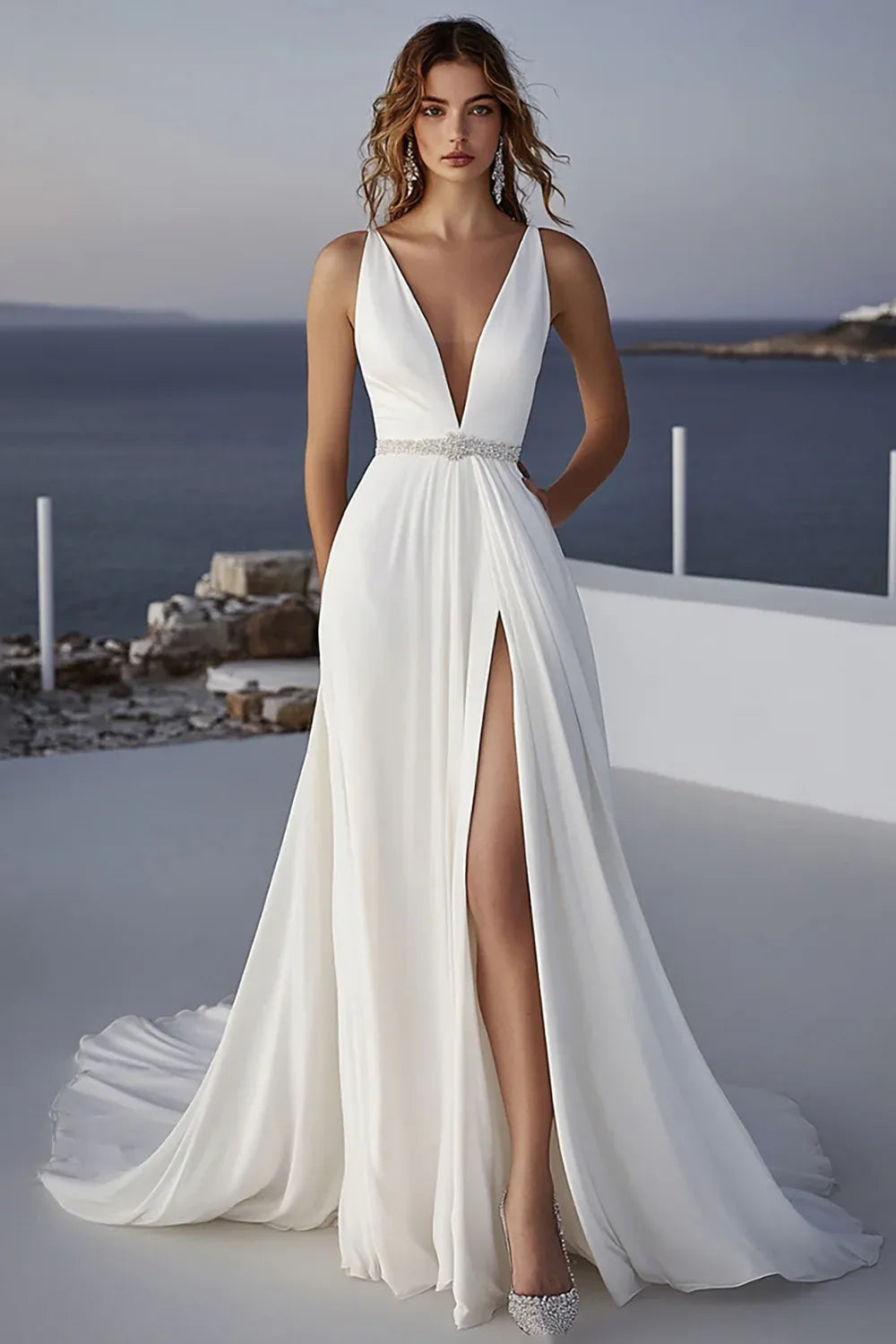 V-Neck Sleeveless Chiffon A-Line Wedding Dress with Beaded Waist & Slit