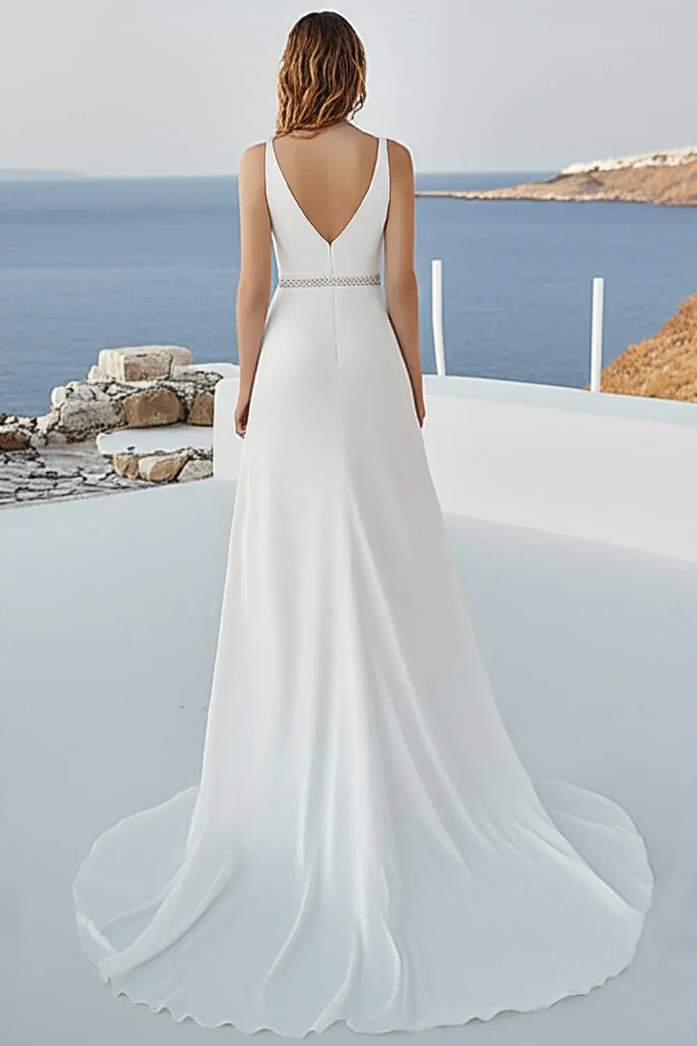 V-Neck Sleeveless Chiffon A-Line Wedding Dress with Beaded Waist & Slit