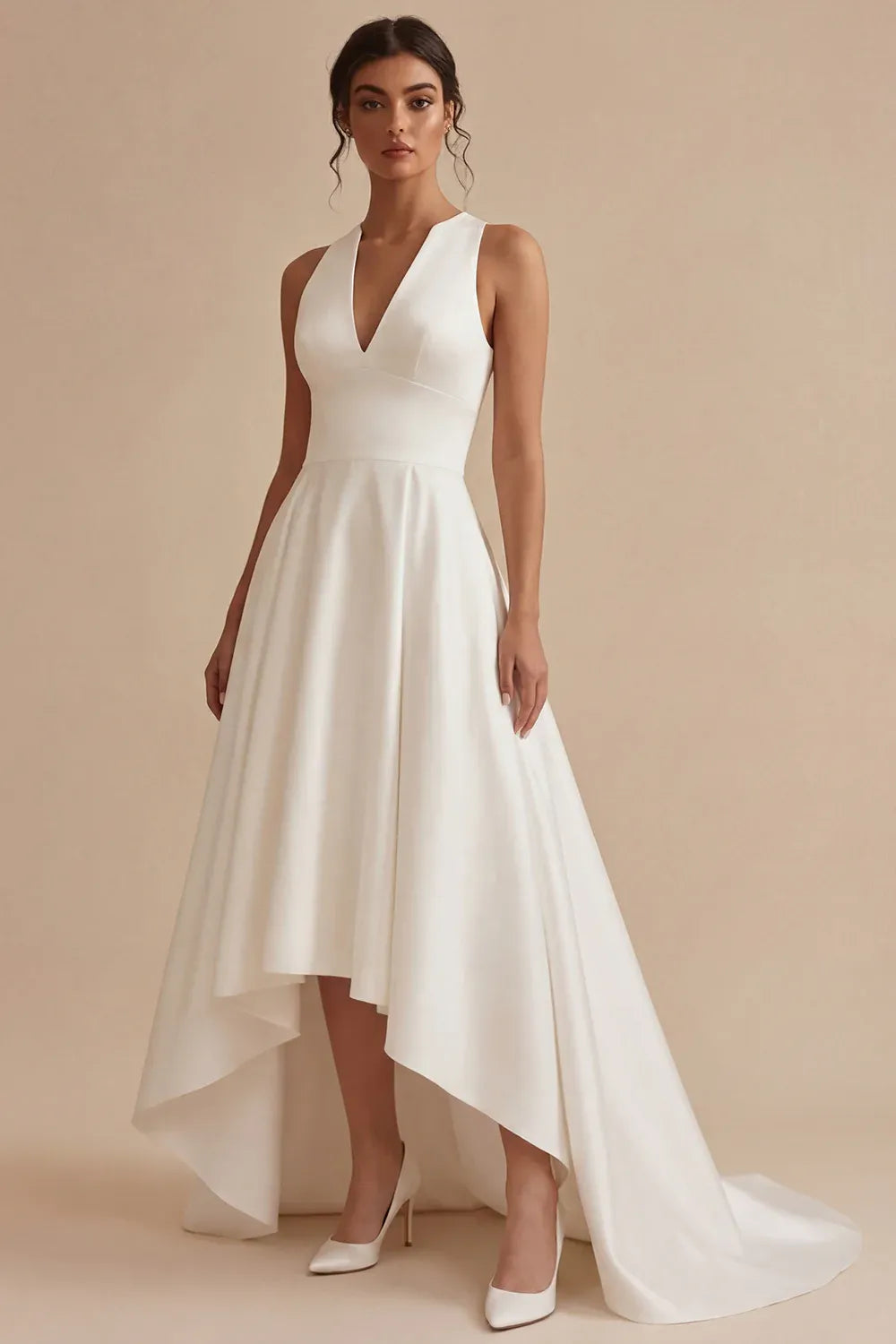 Vintage V-Neck Sleeveless Satin High-Low Wedding Sleeveless Dress