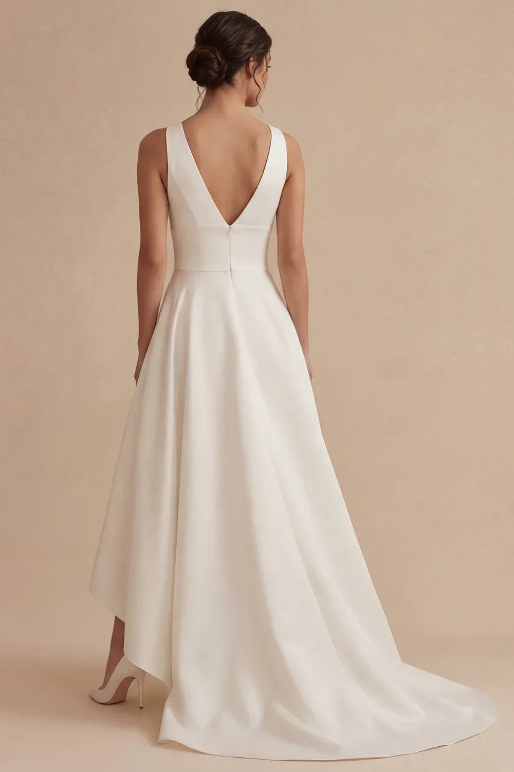 Vintage V-Neck Sleeveless Satin High-Low Wedding Sleeveless Dress