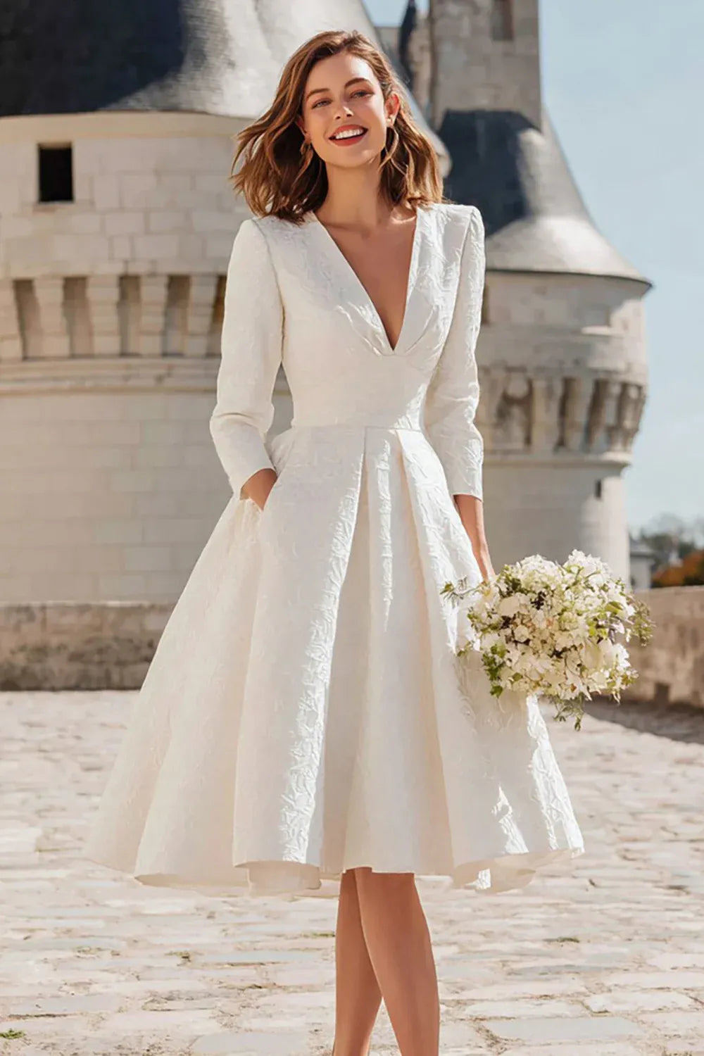 V-Neck Textured Jacquard Tea-Length Wedding Dress with 3/4 Sleeves & Pockets