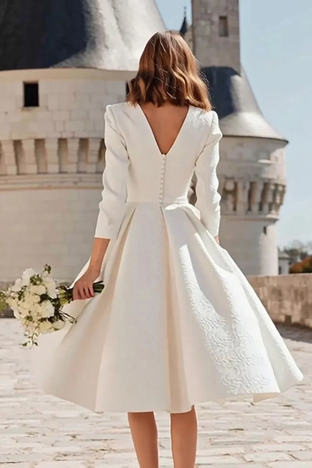 V-Neck Textured Jacquard Tea-Length Wedding Dress with 3/4 Sleeves & Pockets