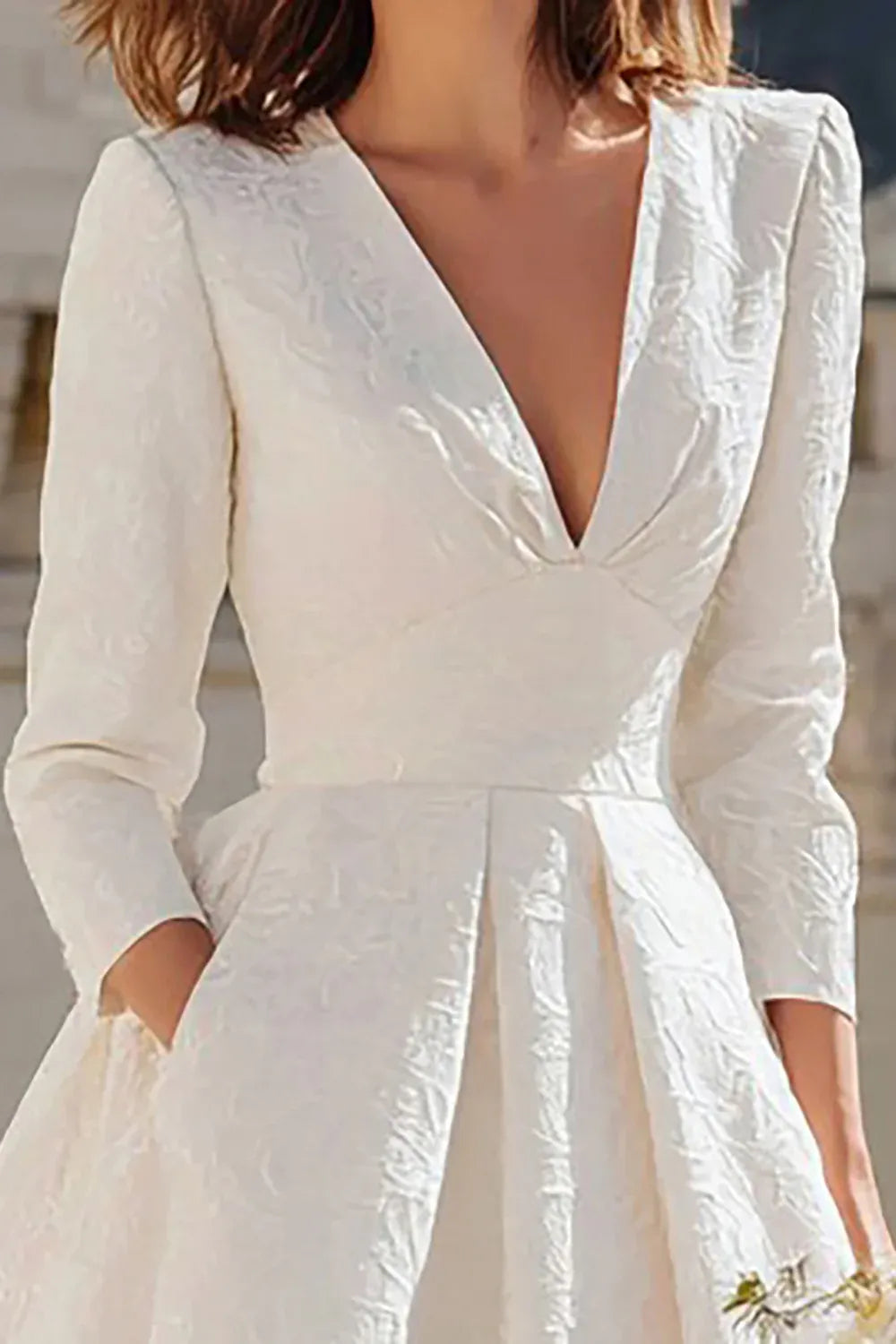 V-Neck Textured Jacquard Tea-Length Wedding Dress with 3/4 Sleeves & Pockets
