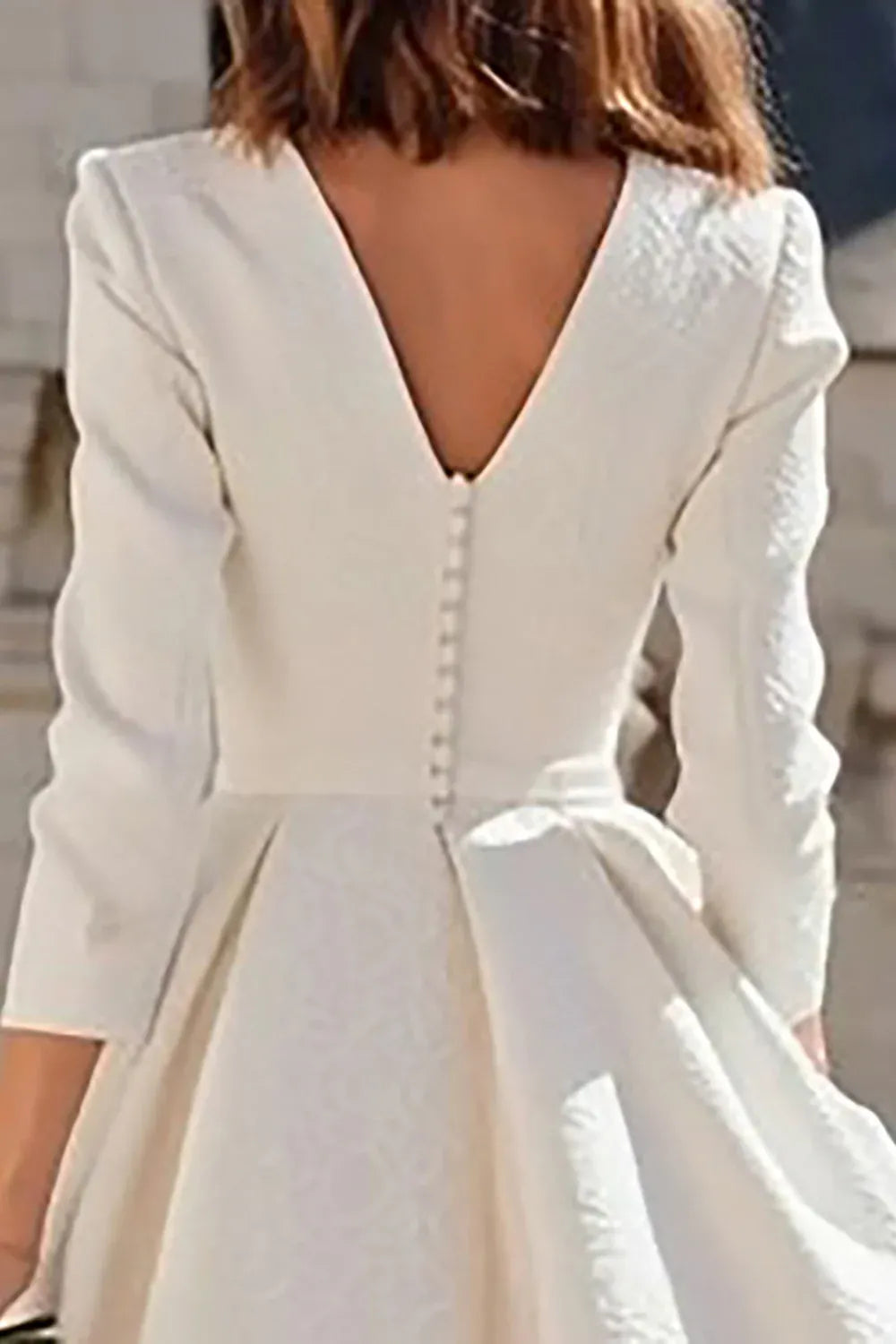V-Neck Textured Jacquard Tea-Length Wedding Dress with 3/4 Sleeves & Pockets