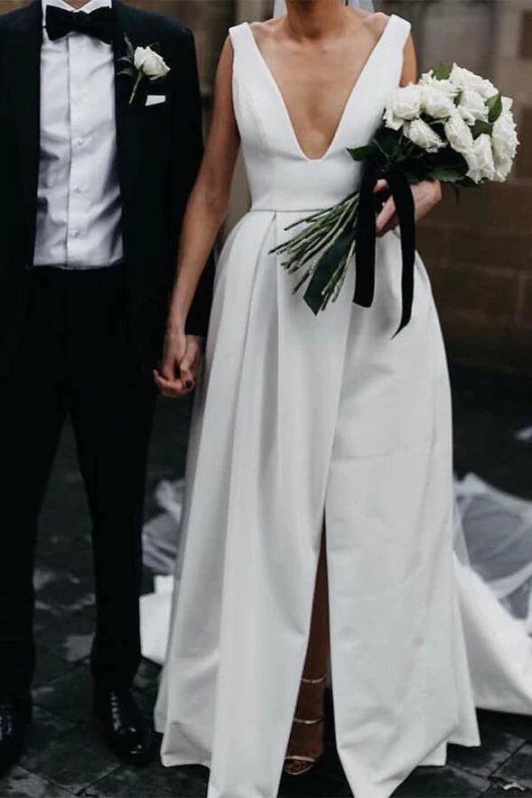 Simple Ivory Satin A-line V-Neck Wedding Dresses with Pockets