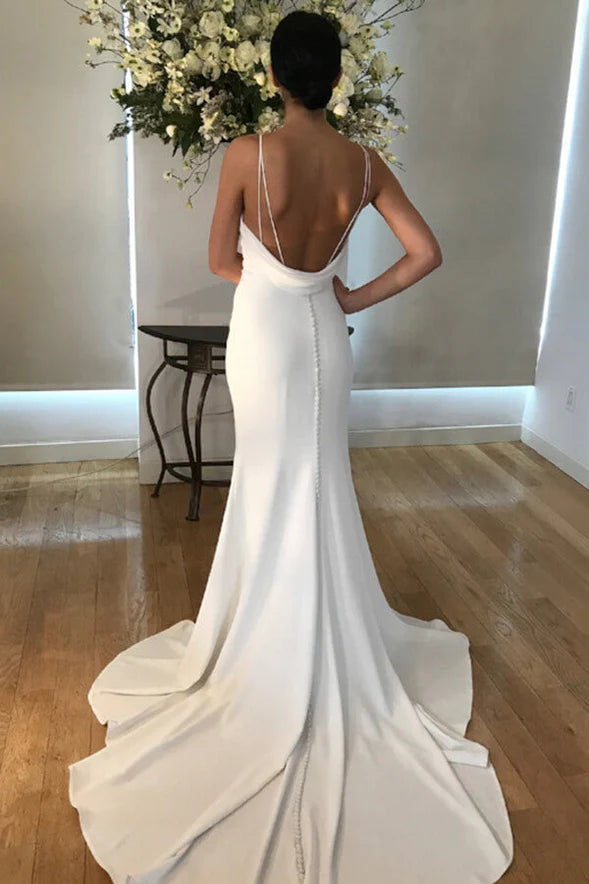 Satin Mermaid Spaghetti Straps V-neck Wedding Dresses with Train