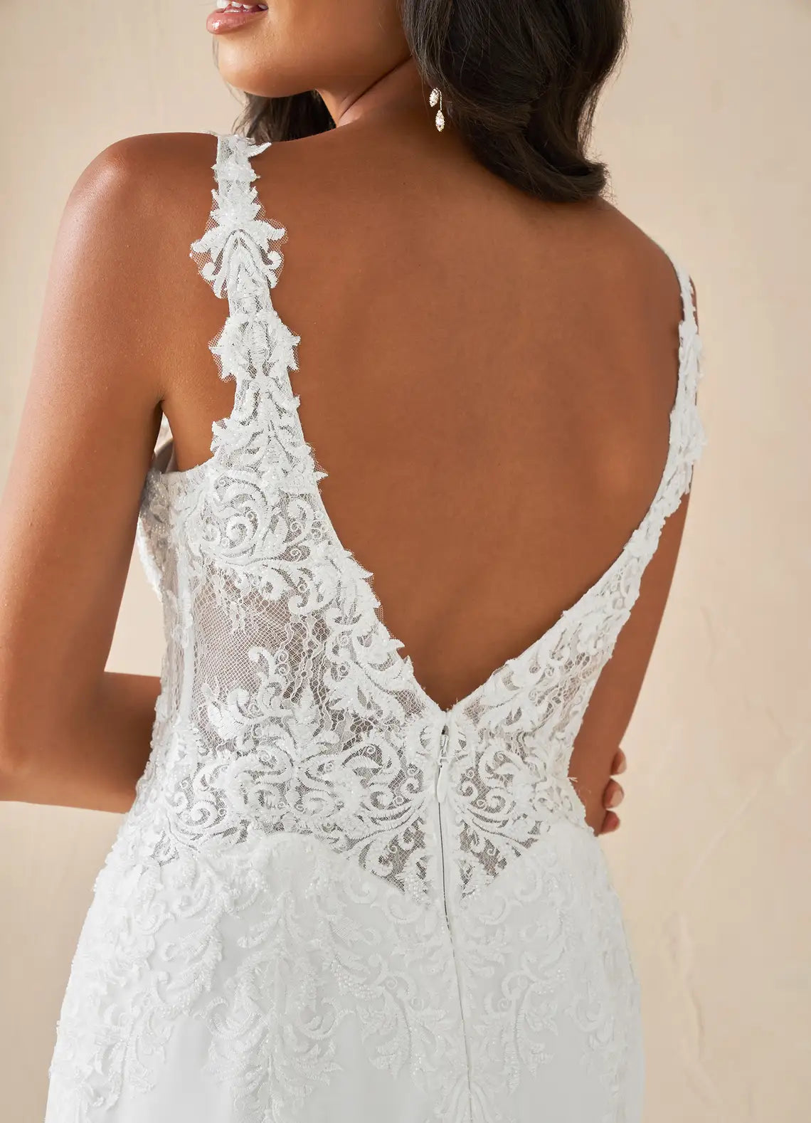 V-neckline with sheer illusion Inset Floral Lace Tulle & Crepe Wedding Dress with V-Back and Spaghetti Straps
