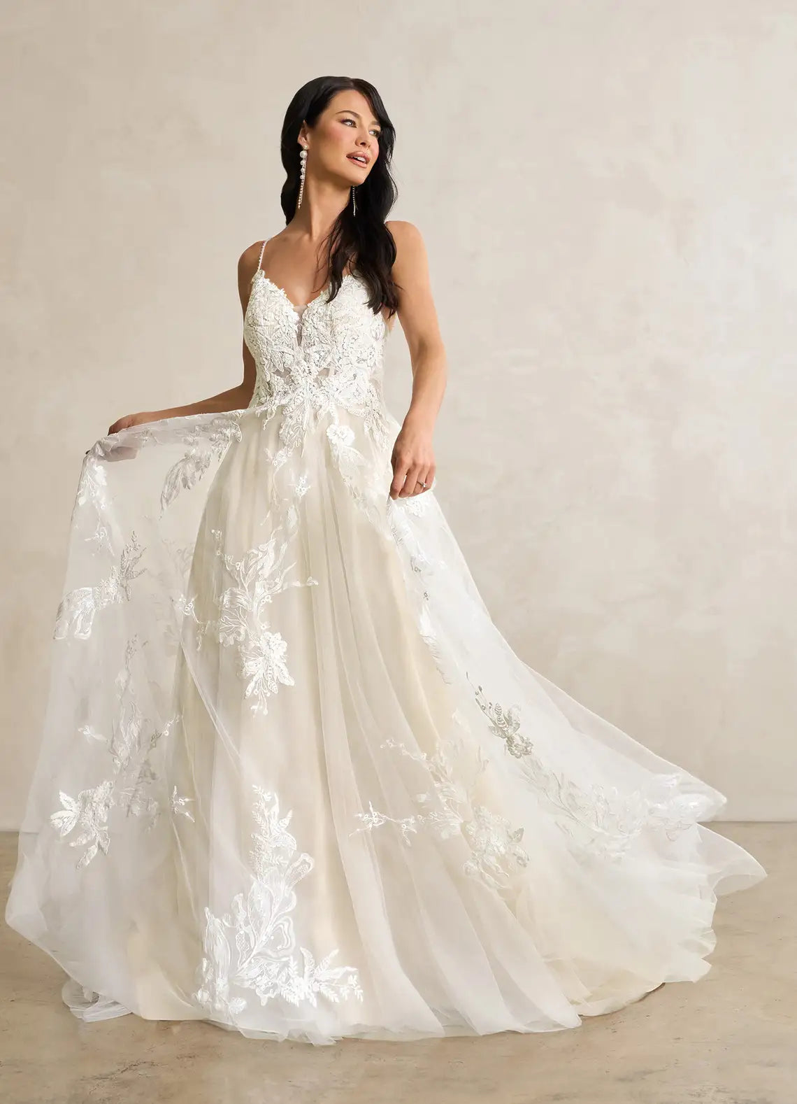 V-neckline with sheer illusion Inset Floral Lace Tulle & Crepe Wedding Dress with V-Back and Spaghetti Straps