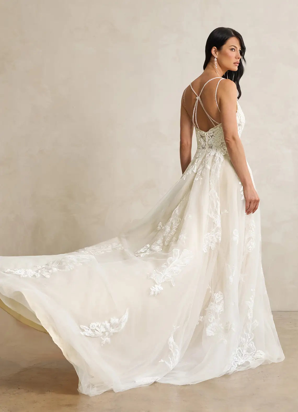 V-neckline with sheer illusion Inset Floral Lace Tulle & Crepe Wedding Dress with V-Back and Spaghetti Straps