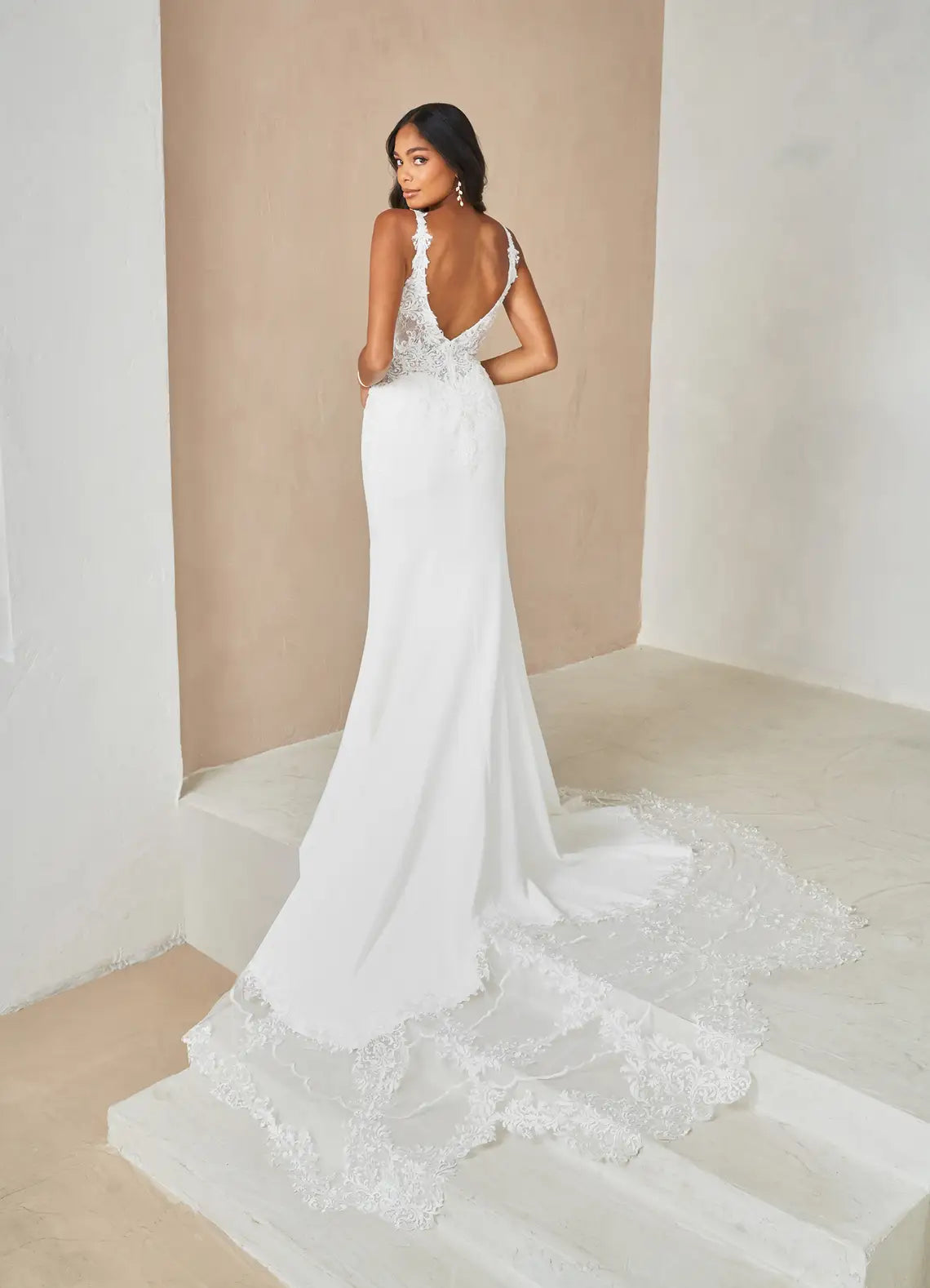 V-neckline with sheer illusion Inset Floral Lace Tulle & Crepe Wedding Dress with V-Back and Spaghetti Straps