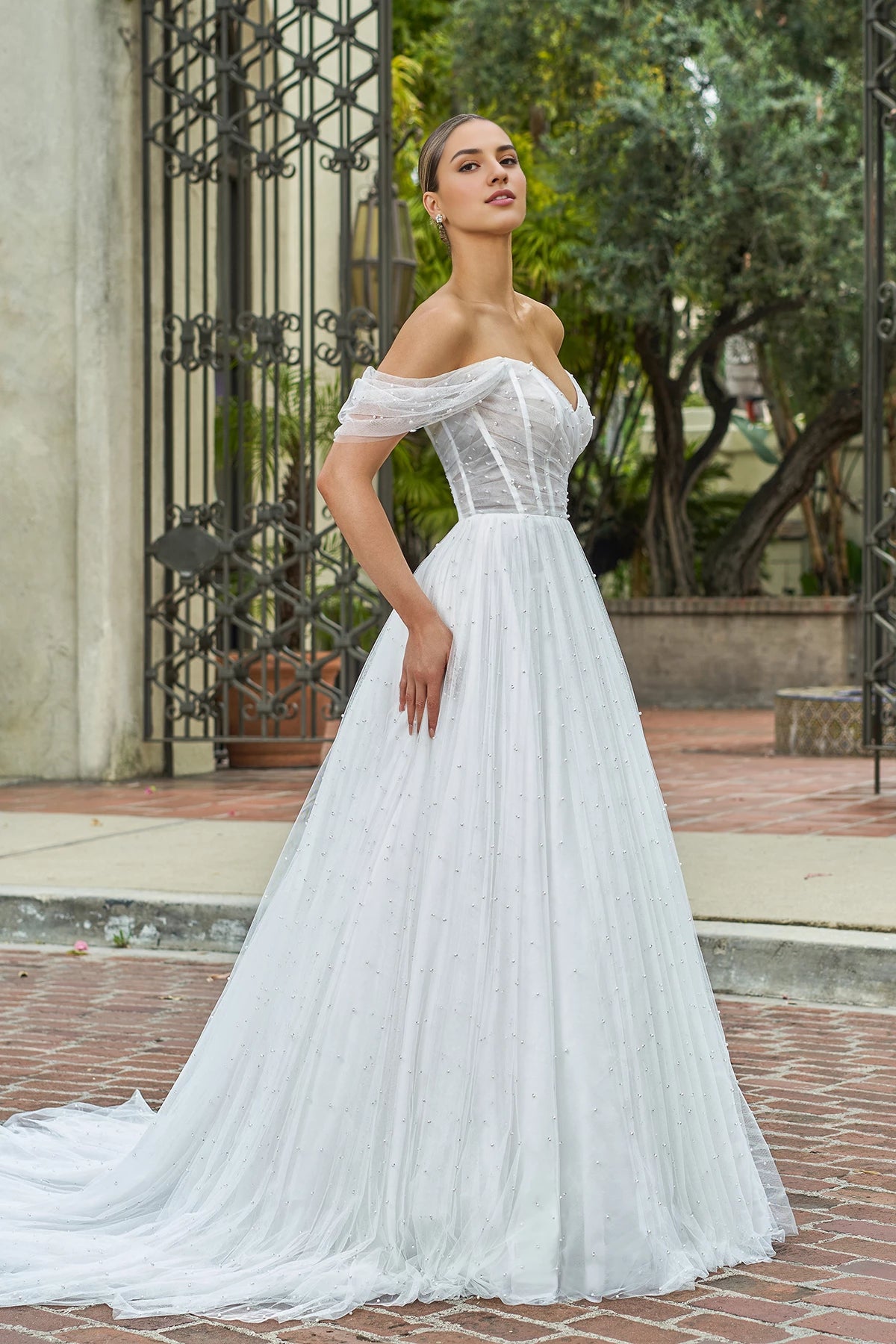 V-neck off shoulder sheer bead embellishment backless and floor length wedding dress