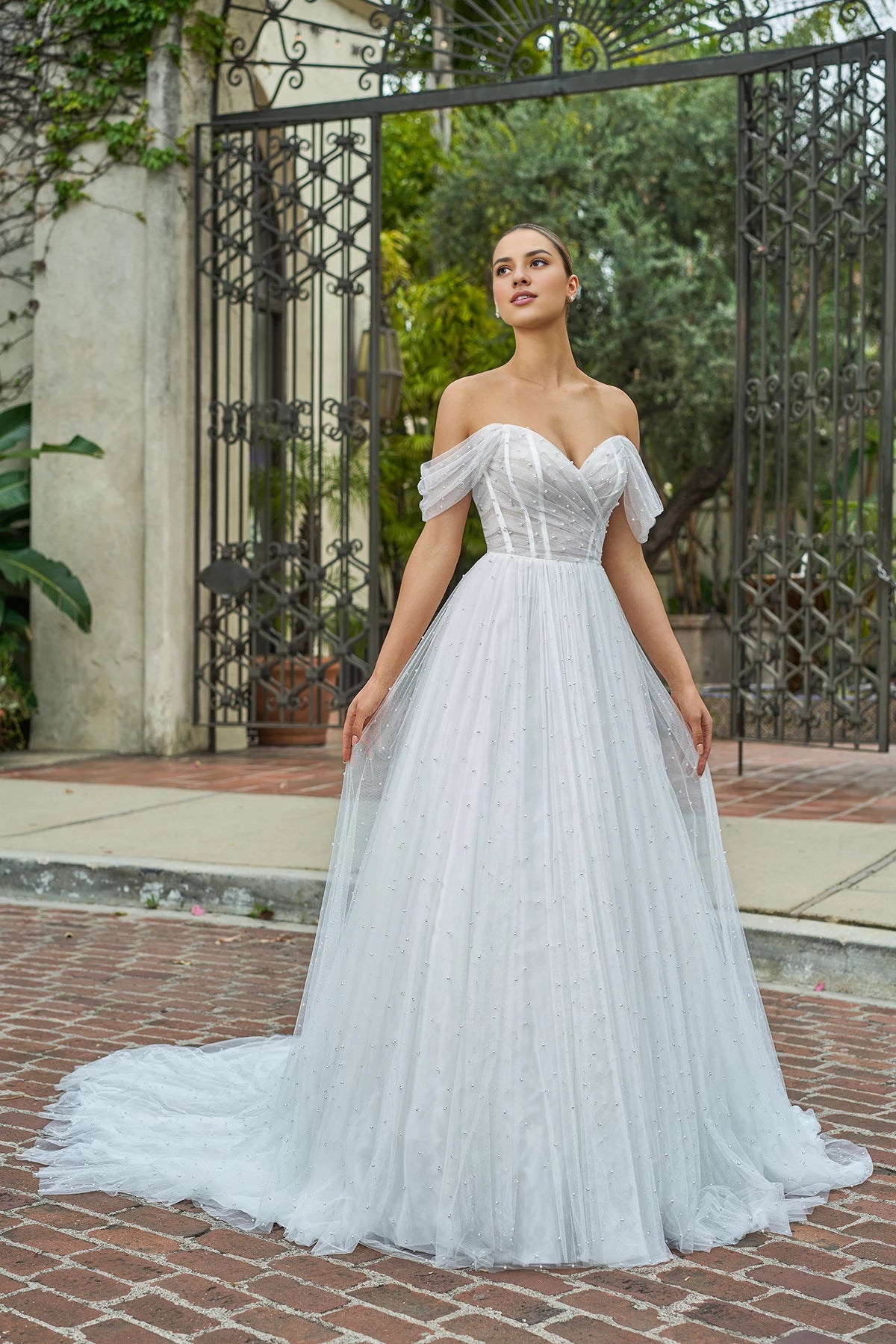 V-neck off shoulder sheer bead embellishment backless and floor length wedding dress