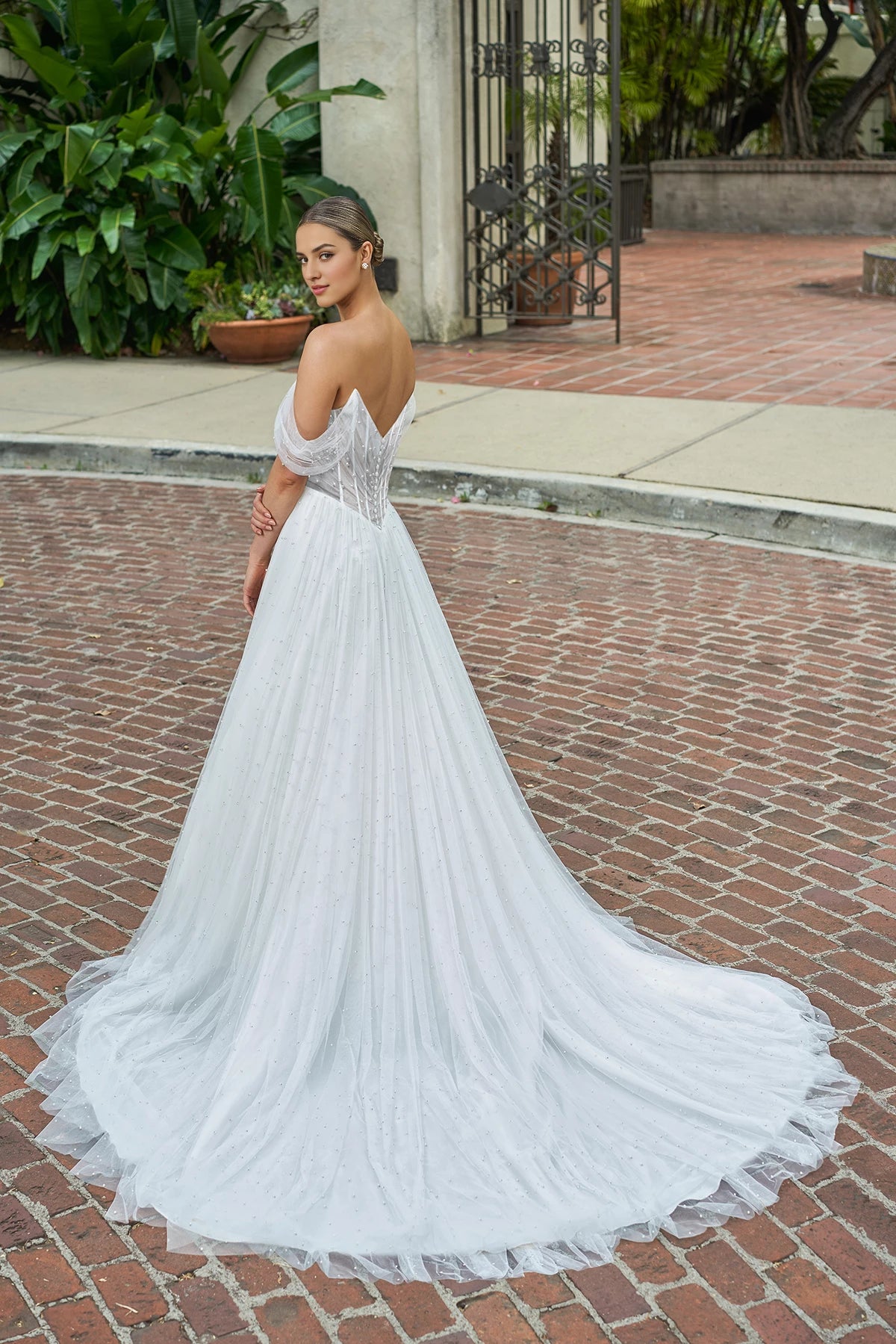 V-neck off shoulder sheer bead embellishment backless and floor length wedding dress