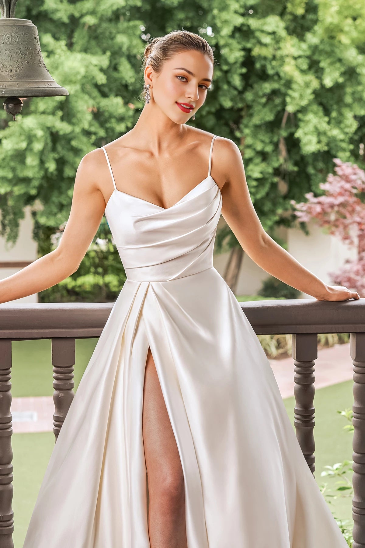 V-neck off shoulder sleeveless thin shoulder strap backless side slit and floor length wedding dress