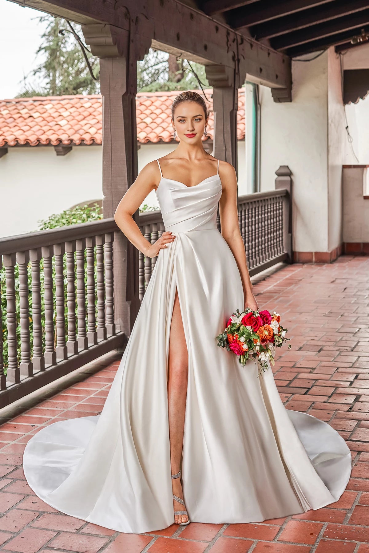 V-neck off shoulder sleeveless thin shoulder strap backless side slit and floor length wedding dress