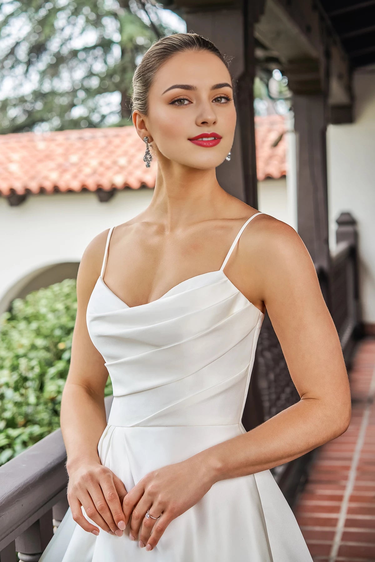 V-neck off shoulder sleeveless thin shoulder strap backless side slit and floor length wedding dress